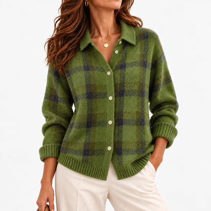Clemence Plaid Button-Front Cardigan — Olive Plaid | Emory & Blanc