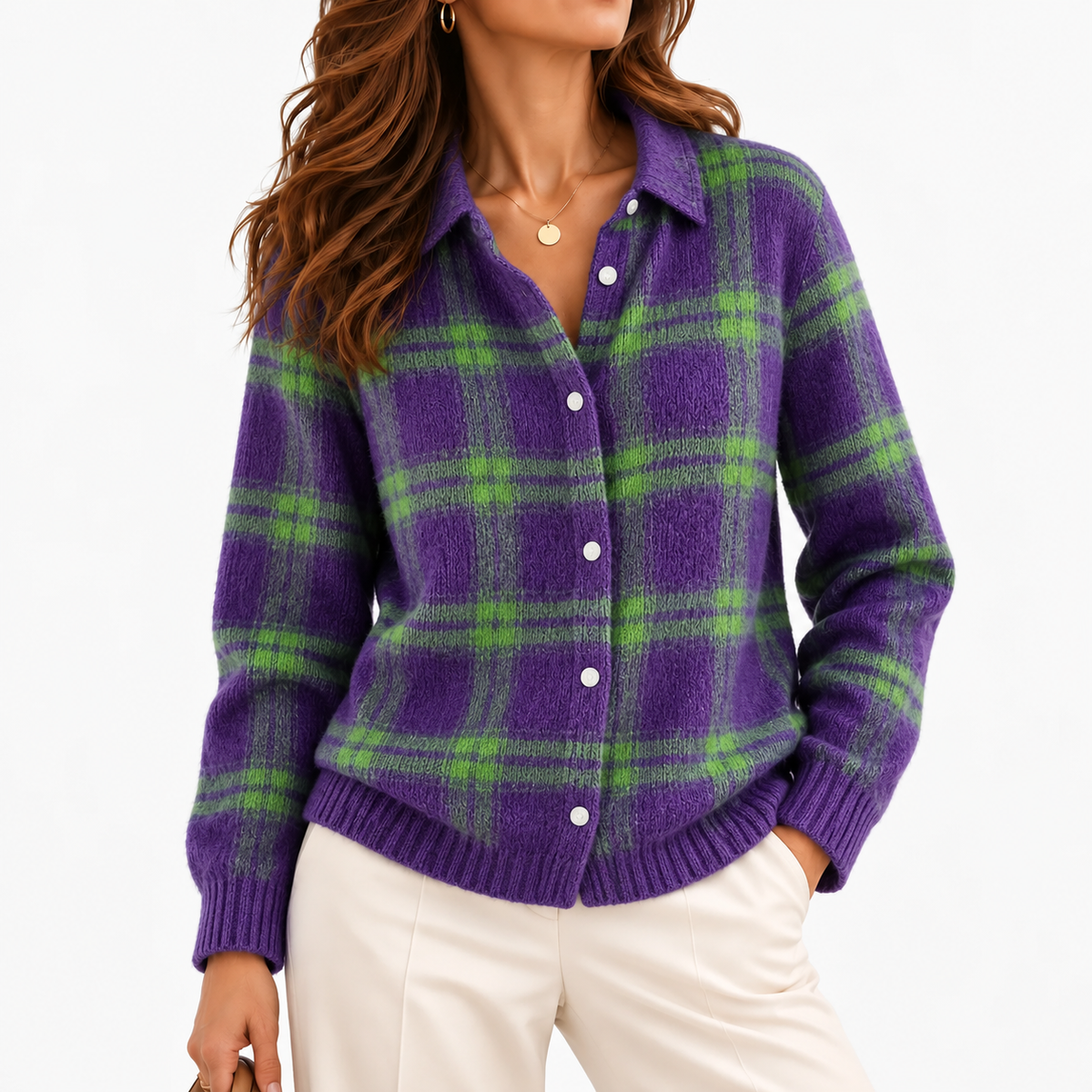 Clemence Plaid Button-Front Cardigan — Purple & Green Plaid | Emory & Blanc
