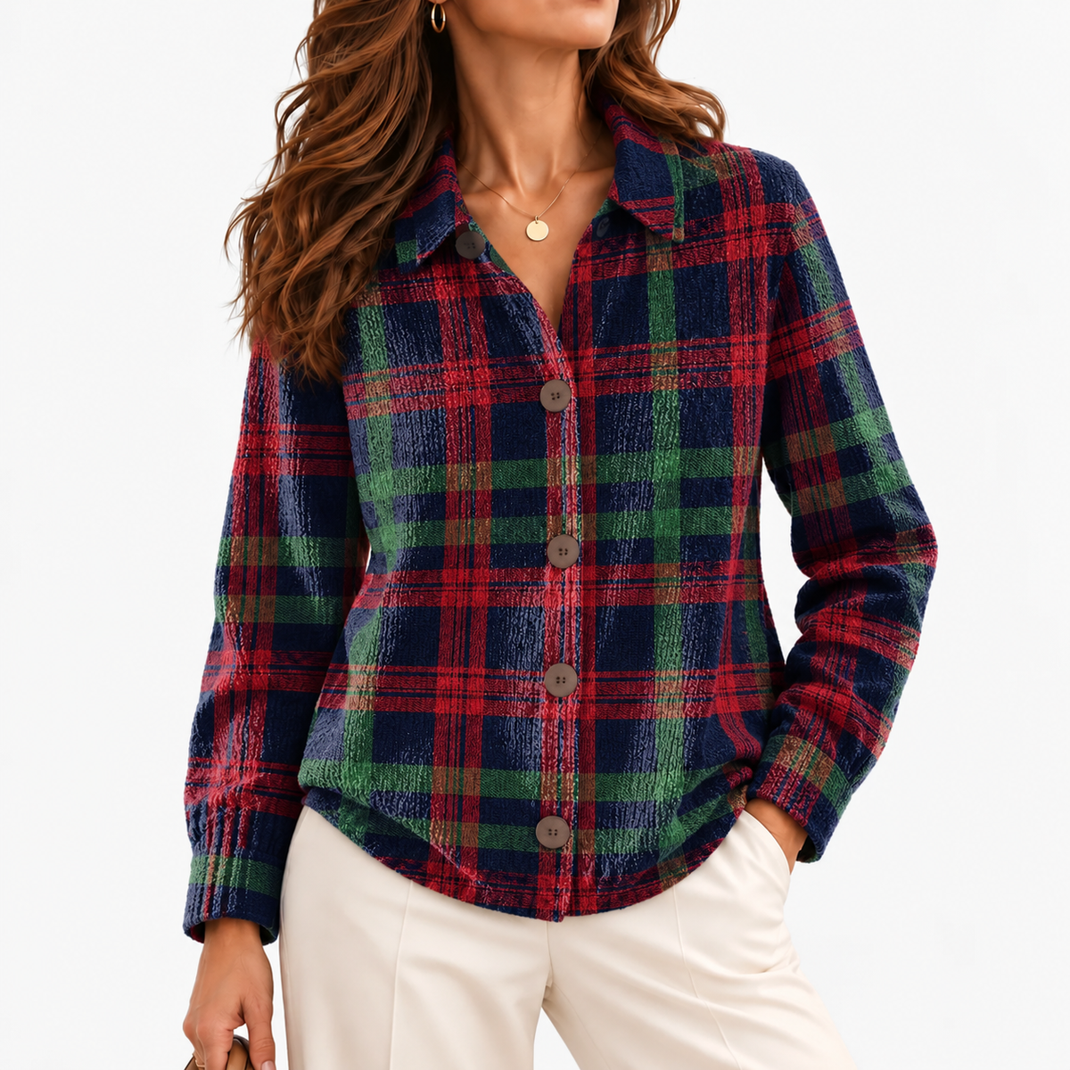 Clemence Plaid Button-Front Cardigan — Red & Navy Plaid | Emory & Blanc