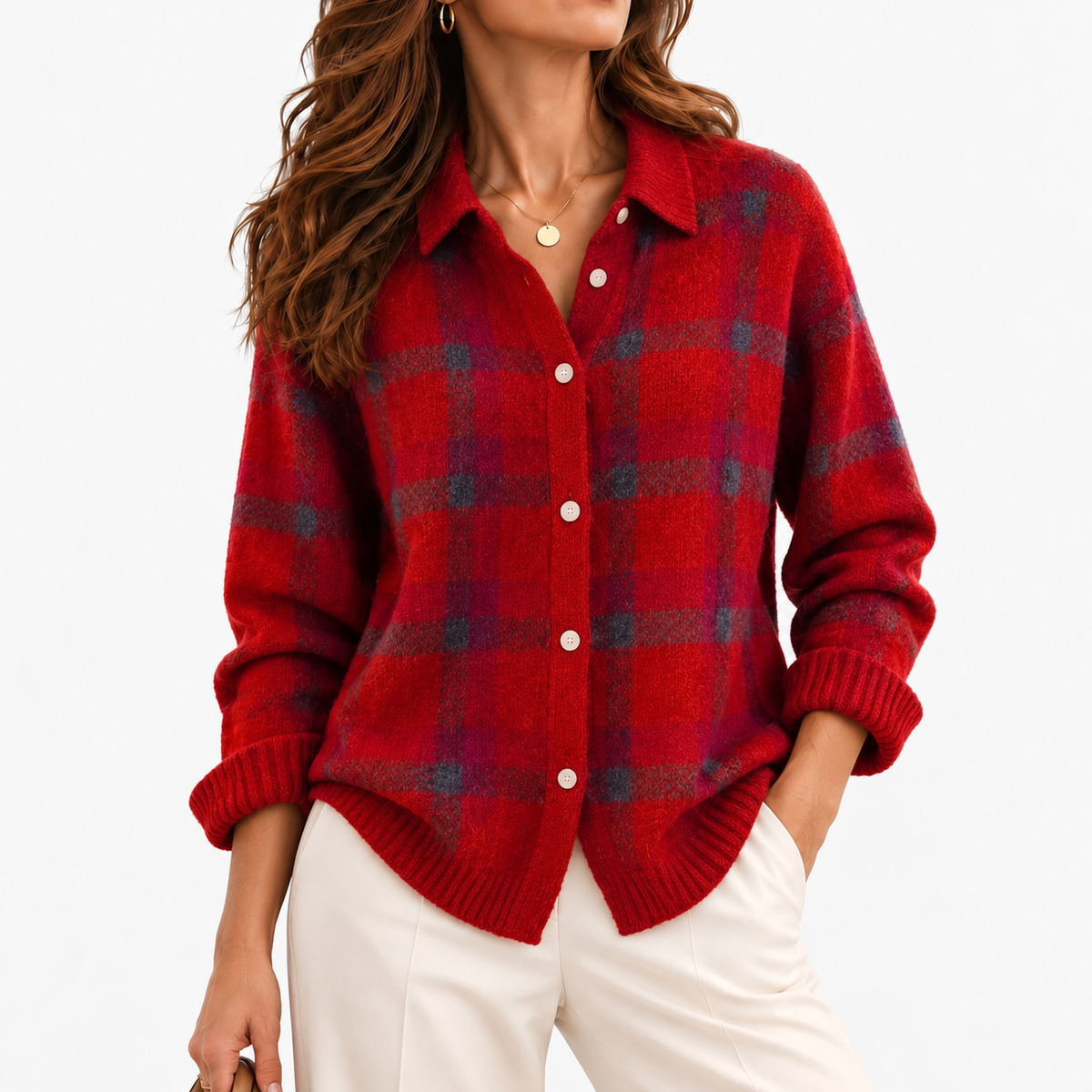 Clemence Plaid Button-Front Cardigan — Red Plaid | Emory & Blanc