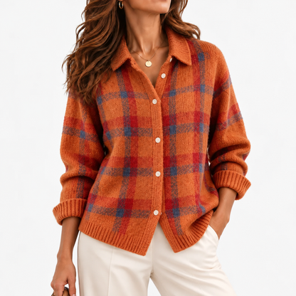 Clemence Plaid Button-Front Cardigan — Rust Plaid | Emory & Blanc