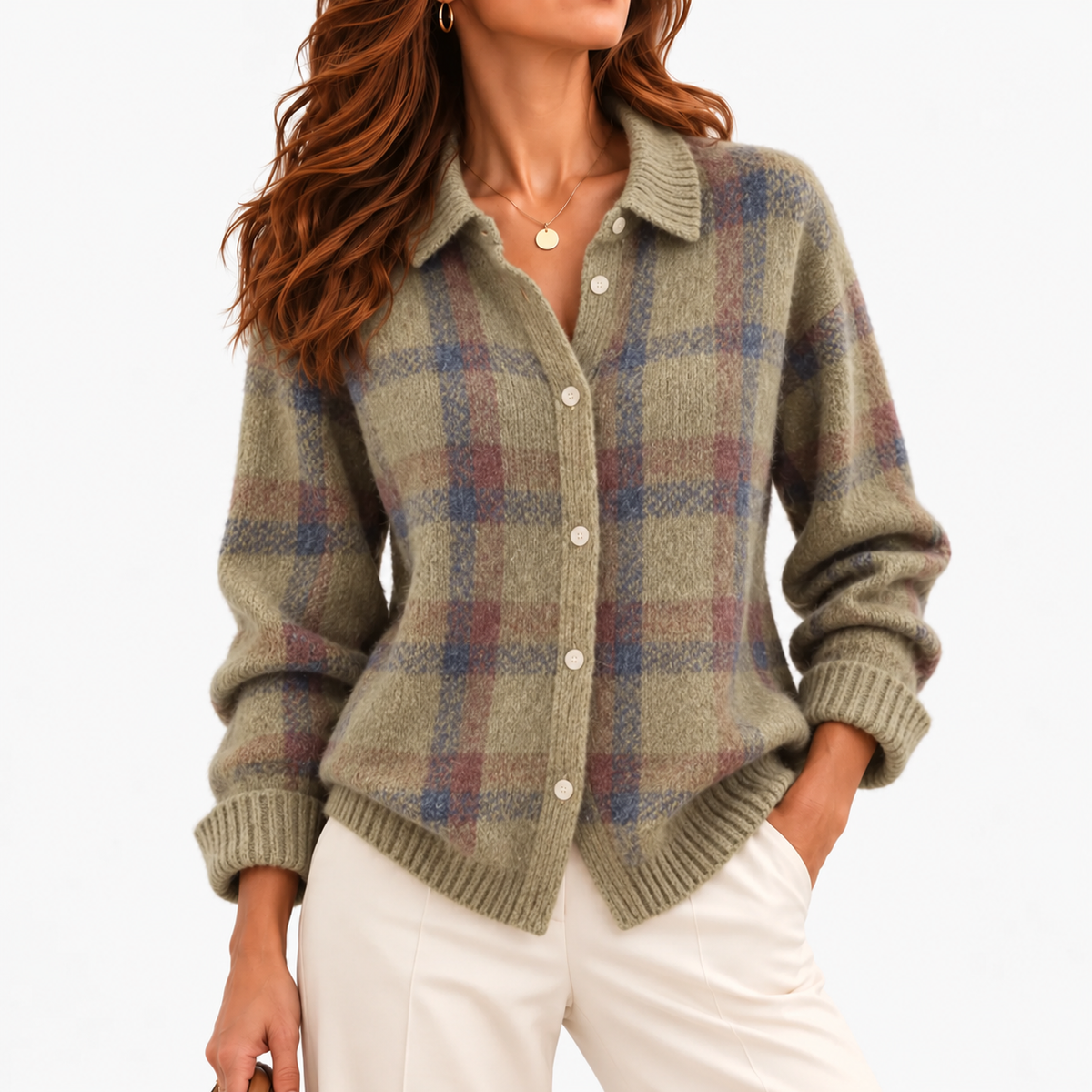 Clemence Plaid Button-Front Cardigan — Sage Plaid | Emory & Blanc