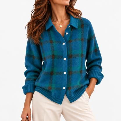 Clemence Plaid Button-Front Cardigan — Teal Plaid | Emory & Blanc