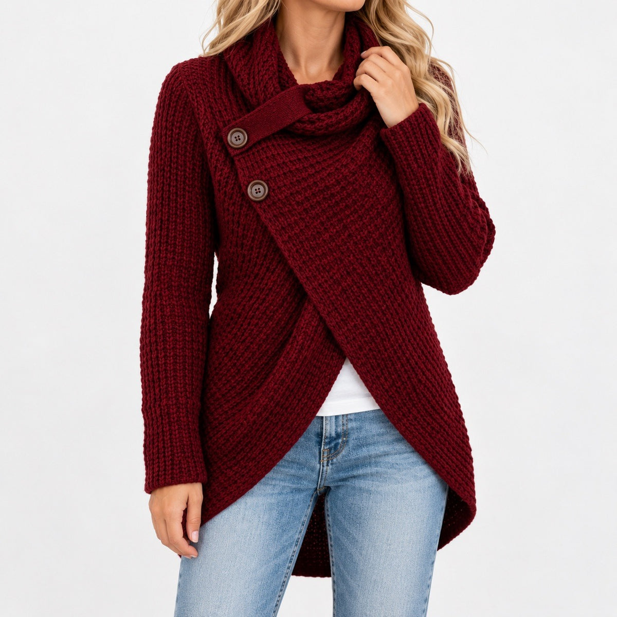Corinna Cowl Collar Two-Button Wrap Cardigan — Burgundy (2 ) | Emory & Blanc