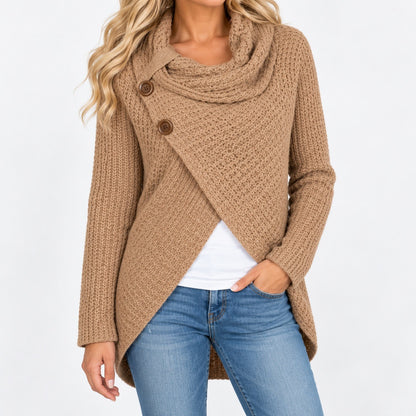 Corinna Cowl Collar Two-Button Wrap Cardigan — Khaki (2 ) | Emory & Blanc