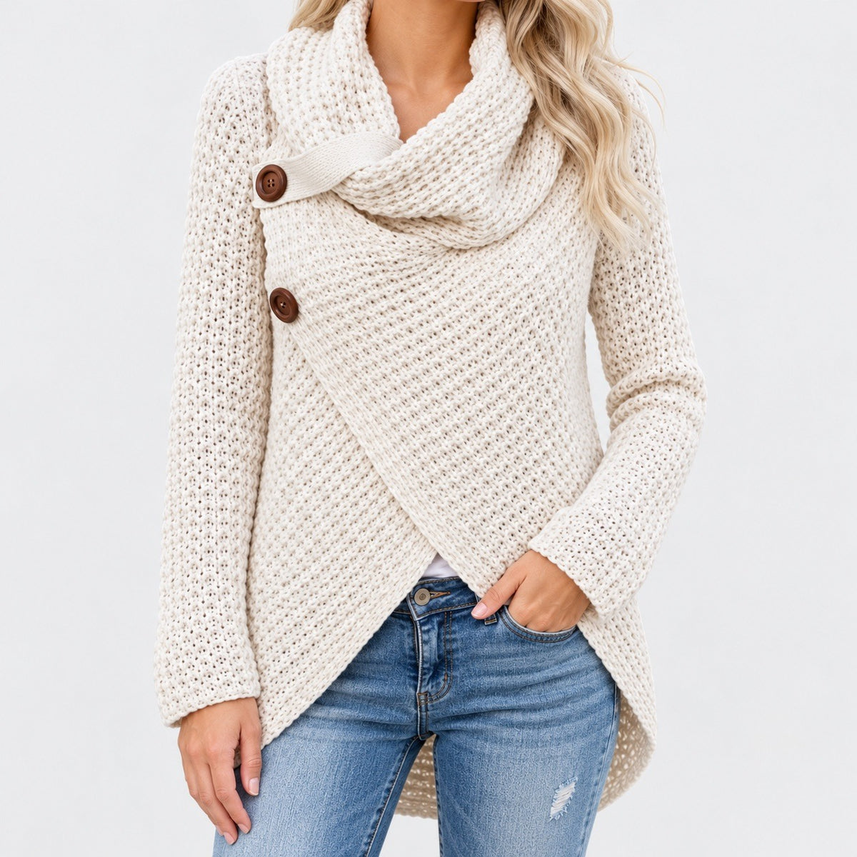 Corinna Cowl Collar Two-Button Wrap Cardigan — Off White (2 ) | Emory & Blanc