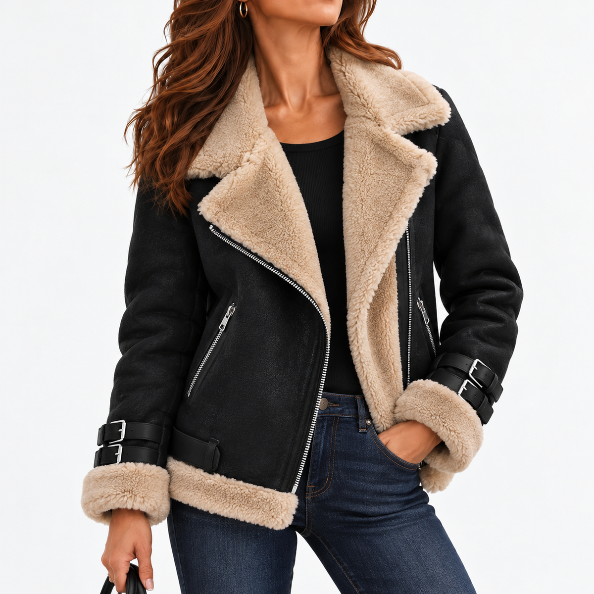 Cosima Relaxed Fit Biker Jacket, Plush Collar — Black | Emory & Blanc