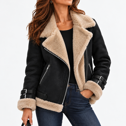 Cosima Relaxed Fit Biker Jacket, Plush Collar — Black | Emory & Blanc