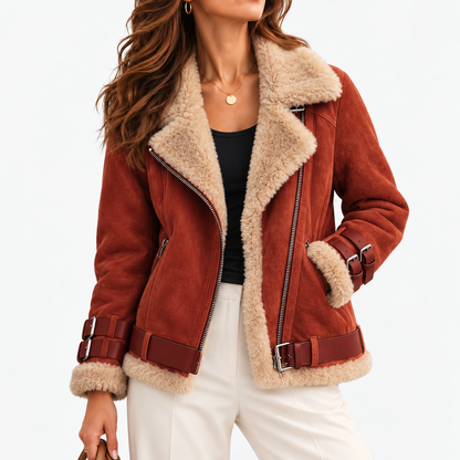 Cosima Relaxed Fit Biker Jacket, Plush Collar — Brick Red | Emory & Blanc