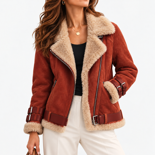 Cosima Relaxed Fit Biker Jacket, Plush Collar — Brick Red | Emory & Blanc