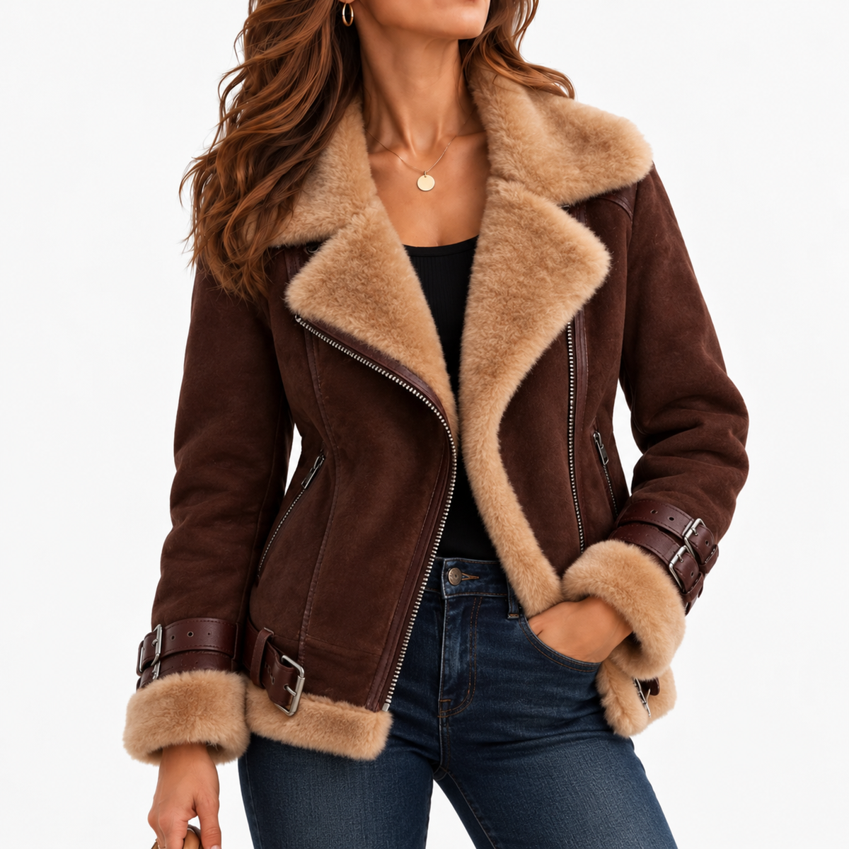 Cosima Relaxed Fit Biker Jacket, Plush Collar — Chestnut | Emory & Blanc