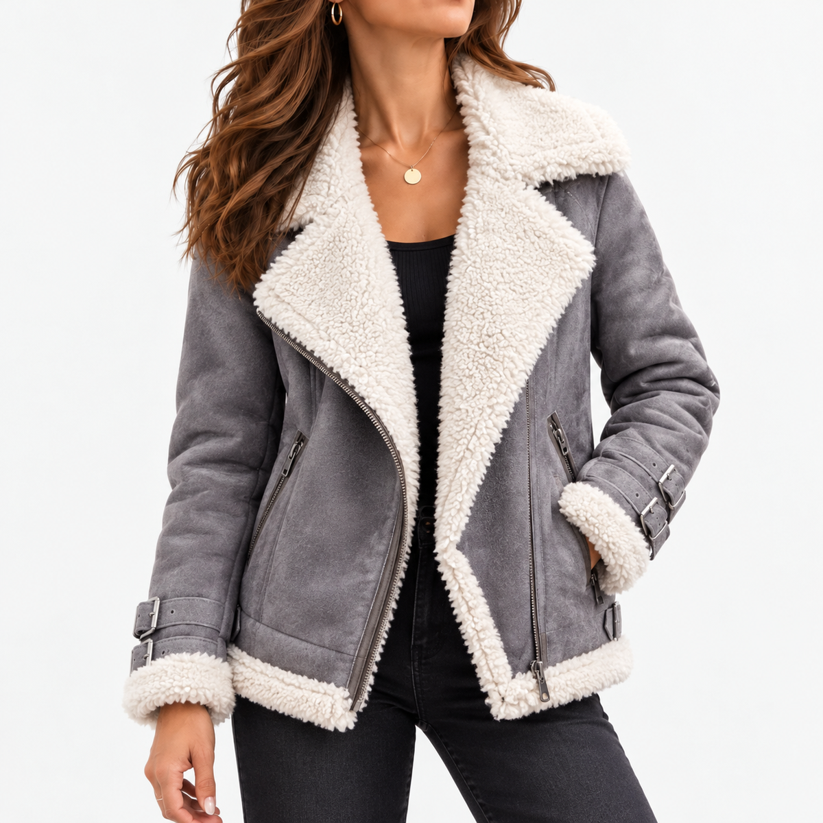 Cosima Relaxed Fit Biker Jacket, Plush Collar — Gray | Emory & Blanc