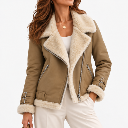 Cosima Relaxed Fit Biker Jacket, Plush Collar — Khaki | Emory & Blanc