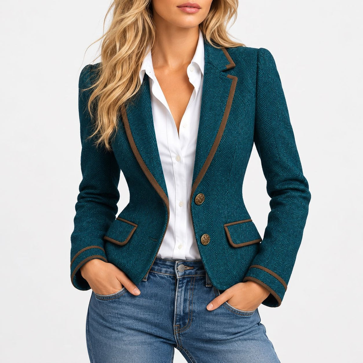 Delfina Contrast-Piped Fitted Blazer — Green | Emory & Blanc