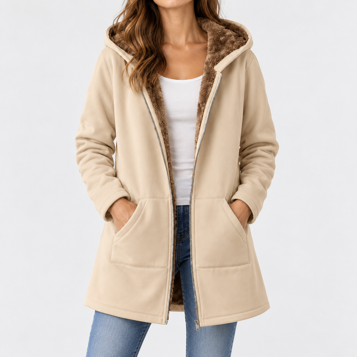Dorine Relaxed Fit Fleece-Lined Hooded Jacket — Beige | Emory & Blanc