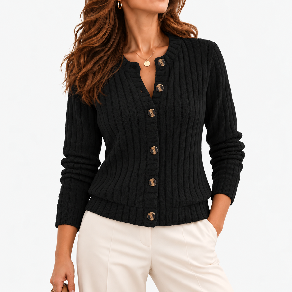 Dulcie Soft Ribbed Button-Front Cardigan — Black | Emory & Blanc