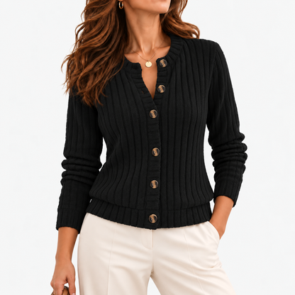 Dulcie Soft Ribbed Button-Front Cardigan — Black | Emory & Blanc