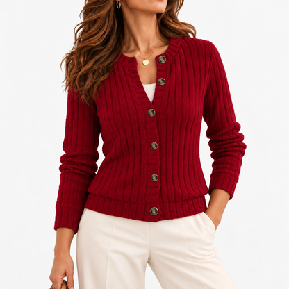 Dulcie Soft Ribbed Button-Front Cardigan — Red | Emory & Blanc