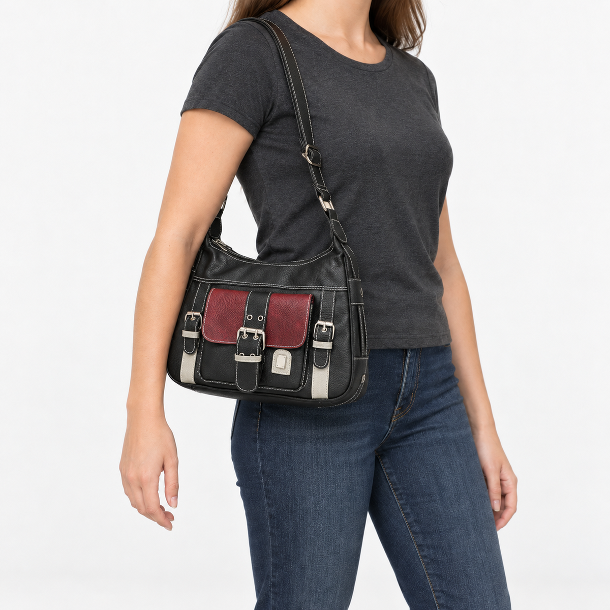 Elara Women's Lightweight Vegan Leather Bag, Buckle Front | Emory & Blanc