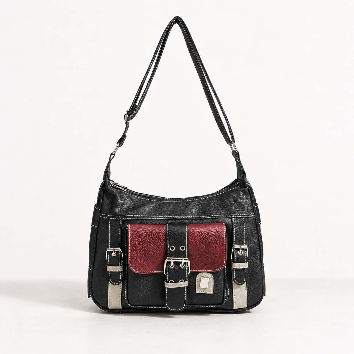Elara Women's Lightweight Vegan Leather Bag, Buckle Front — Black | Emory & Blanc