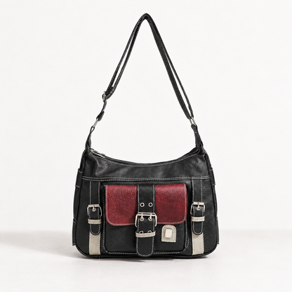 Elara Women's Lightweight Vegan Leather Bag, Buckle Front — Black | Emory & Blanc