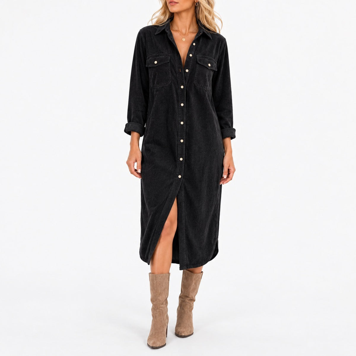 Ellery Comfort Midi Shirt Dress, Chest Pockets — Black | Emory & Blanc