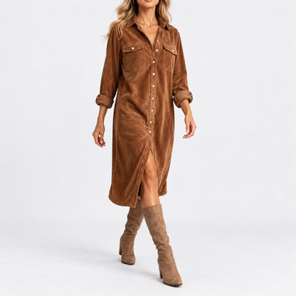 Ellery Comfort Midi Shirt Dress, Chest Pockets — Brown | Emory & Blanc