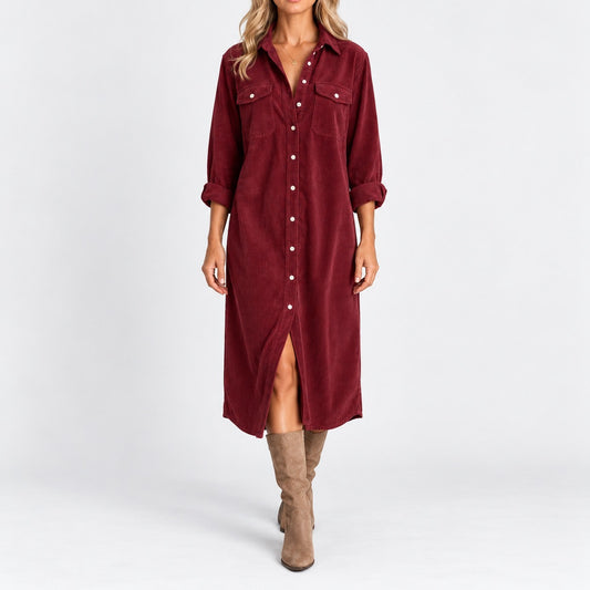 Ellery Comfort Midi Shirt Dress, Chest Pockets — Burgundy | Emory & Blanc