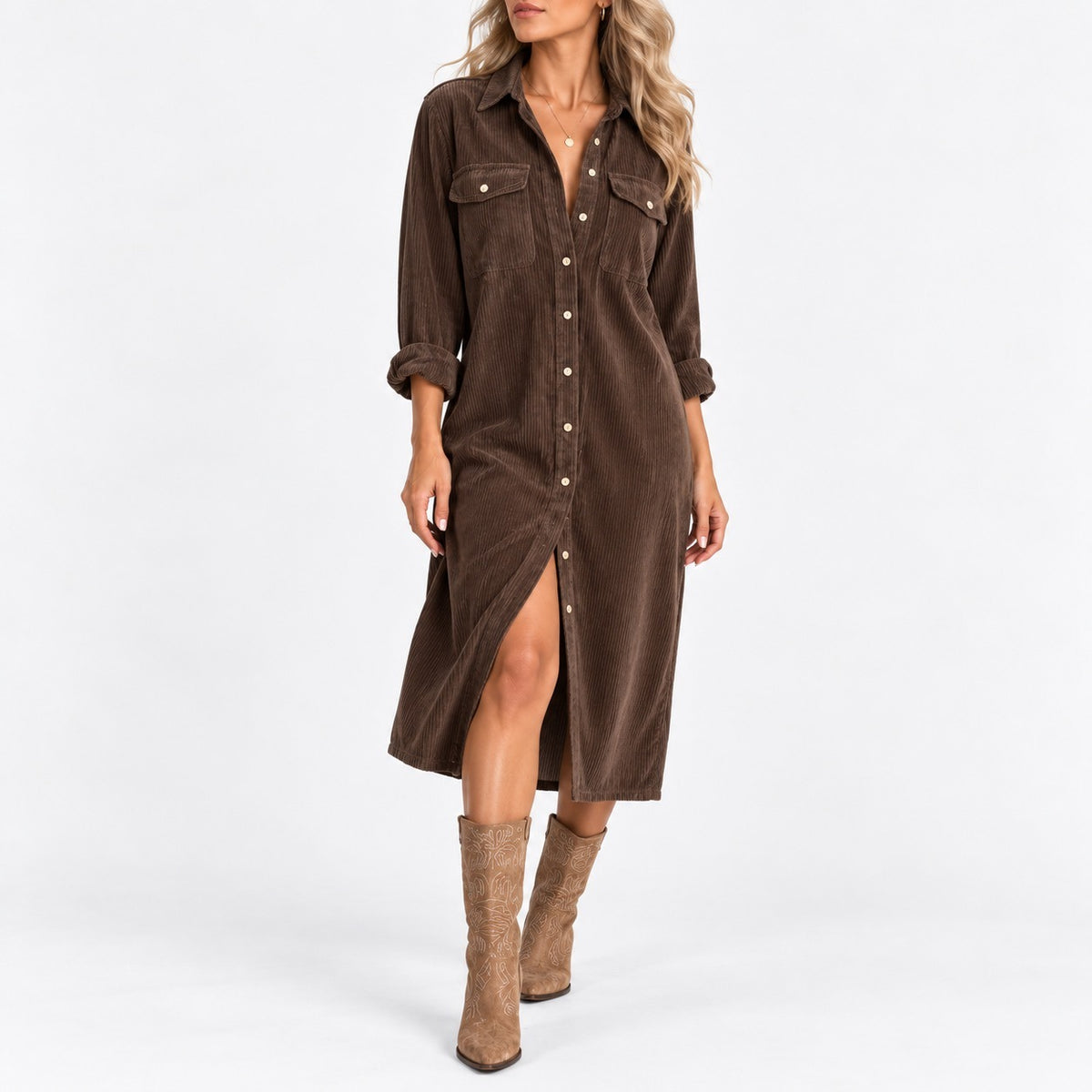Ellery Comfort Midi Shirt Dress, Chest Pockets — Coffee | Emory & Blanc