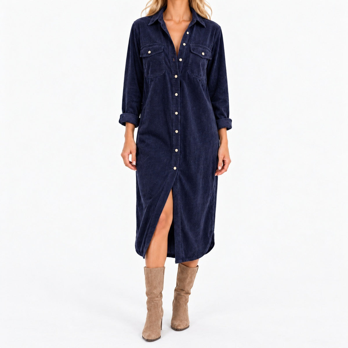 Ellery Comfort Midi Shirt Dress, Chest Pockets — Navy | Emory & Blanc