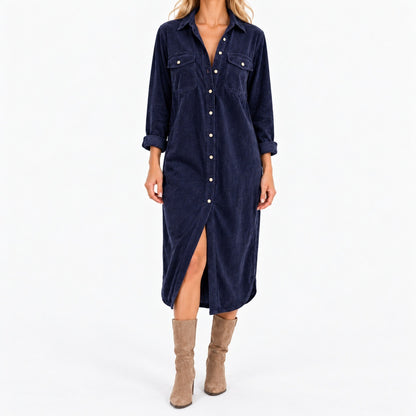 Ellery Comfort Midi Shirt Dress, Chest Pockets — Navy | Emory & Blanc