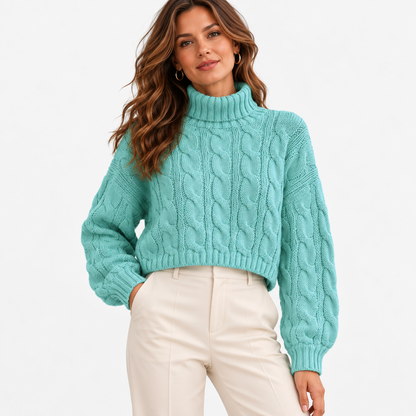 Esme Relaxed Fit Cropped Turtleneck Sweater — Aqua | Emory & Blanc