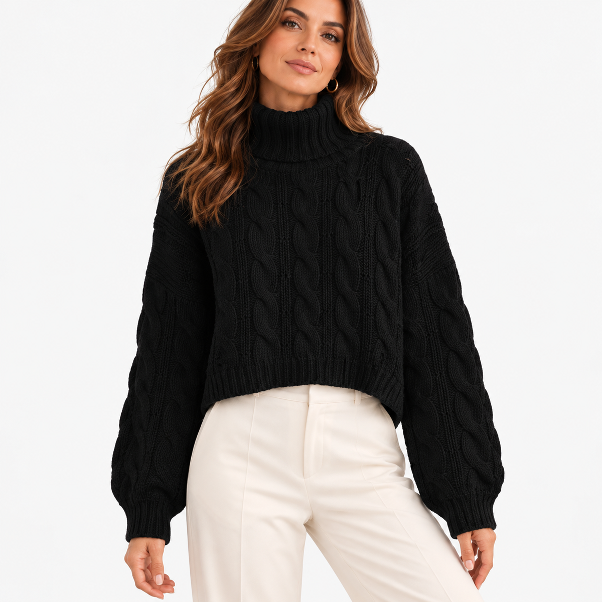 Esme Relaxed Fit Cropped Turtleneck Sweater — Black | Emory & Blanc