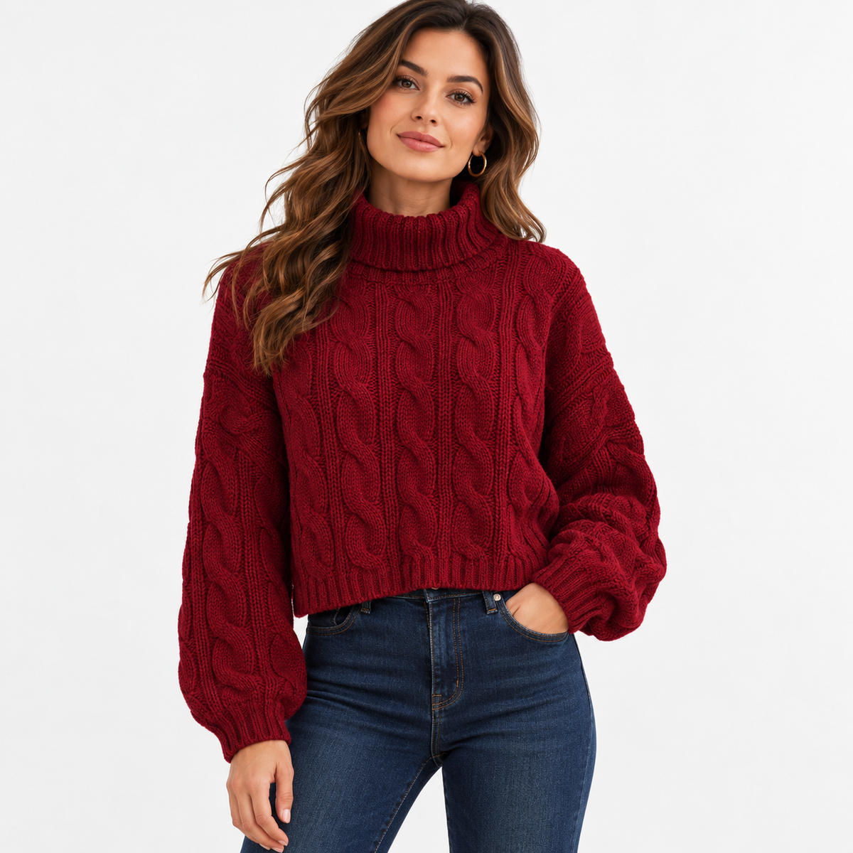 Esme Relaxed Fit Cropped Turtleneck Sweater — Burgundy | Emory & Blanc
