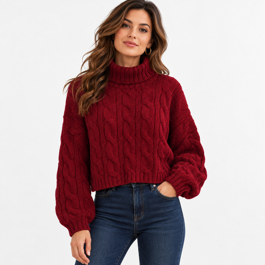 Esme Relaxed Fit Cropped Turtleneck Sweater — Burgundy | Emory & Blanc