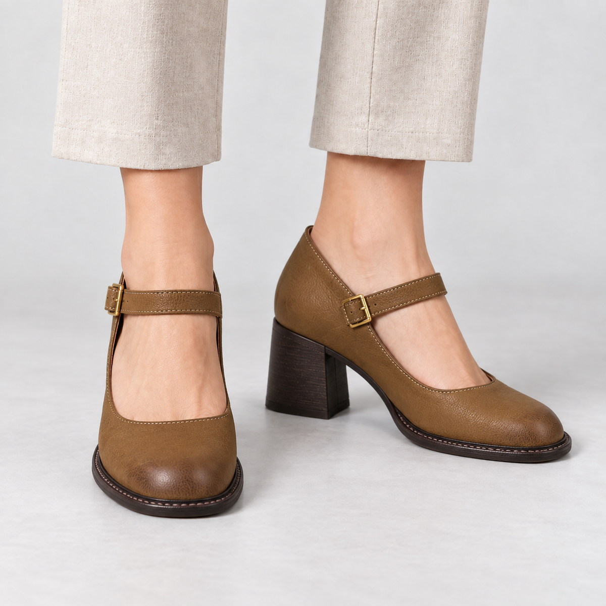 Estelle Women's Everyday Comfort Block Heel Mary Janes — Khaki | Emory & Blanc