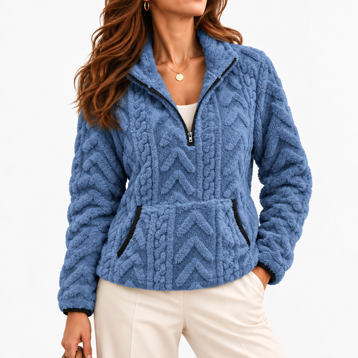 Evelise Soft Half-Zip Fleece Pullover — Blue | Emory & Blanc