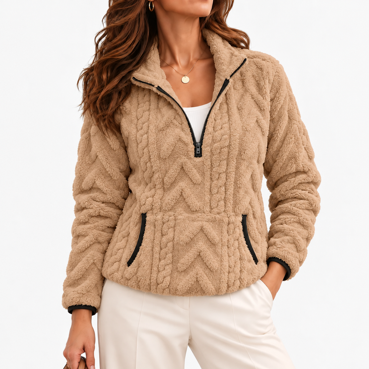 Evelise Soft Half-Zip Fleece Pullover — Khaki | Emory & Blanc