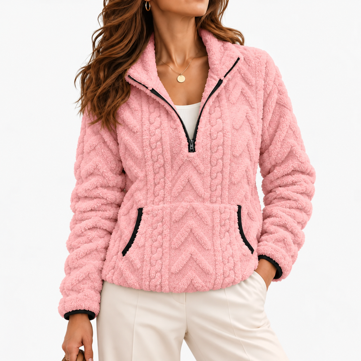 Evelise Soft Half-Zip Fleece Pullover — Pink | Emory & Blanc