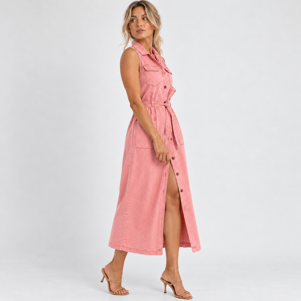 Everly Comfort Sleeveless Belted Shirt Dress | Emory & Blanc