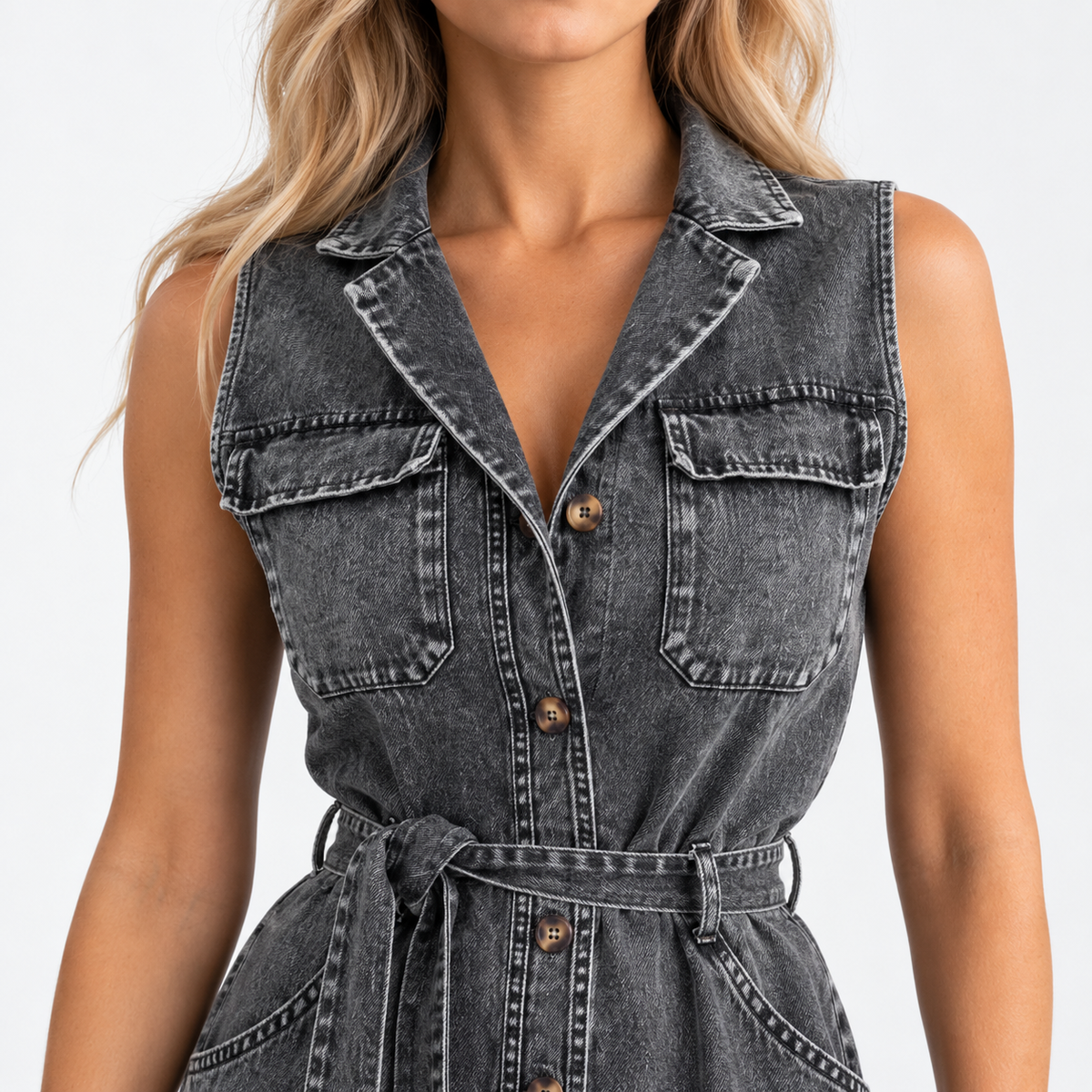 Everly Comfort Sleeveless Belted Shirt Dress | Emory & Blanc