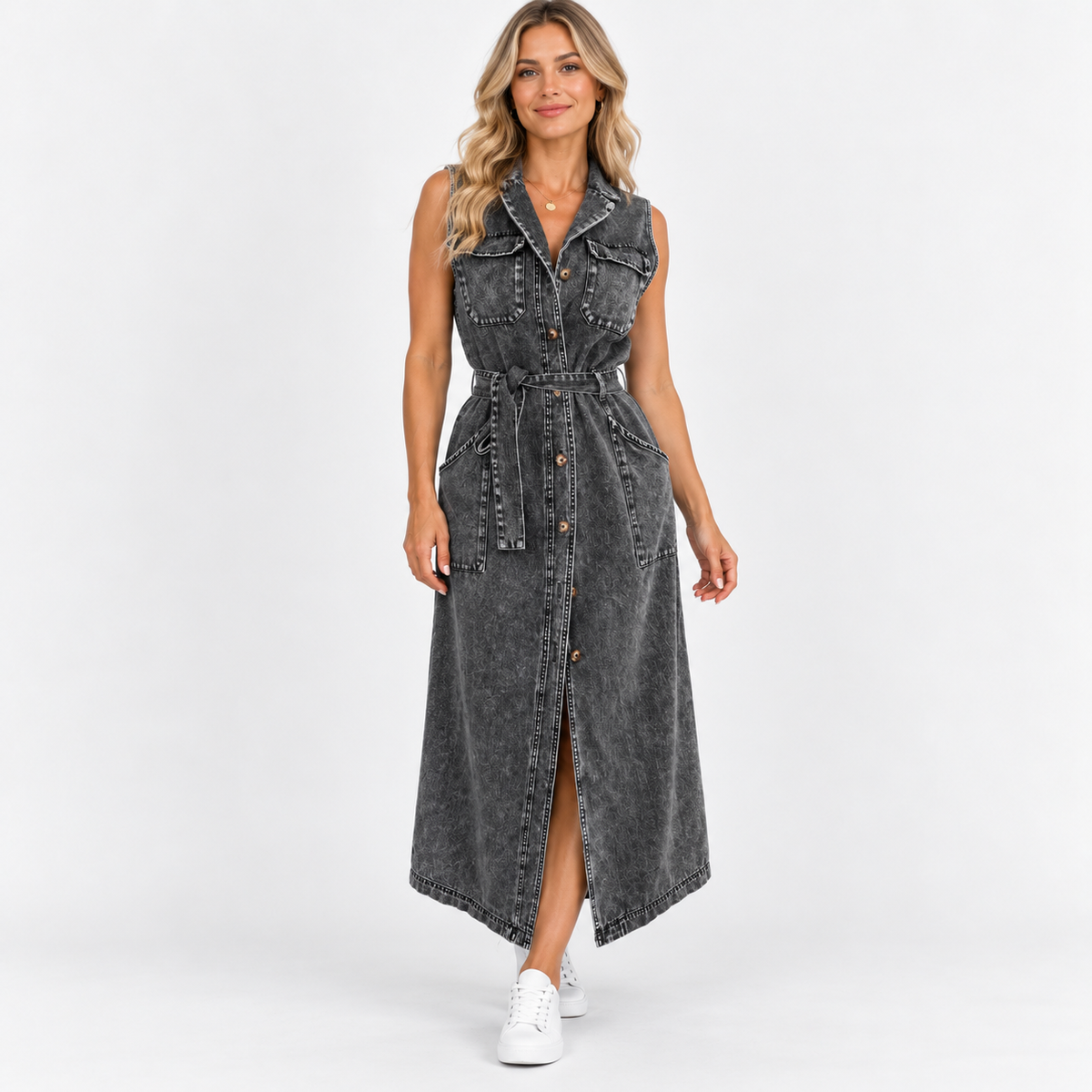 Everly Comfort Sleeveless Belted Shirt Dress — Black | Emory & Blanc