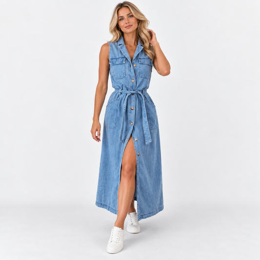 Everly Comfort Sleeveless Belted Shirt Dress — Blue | Emory & Blanc