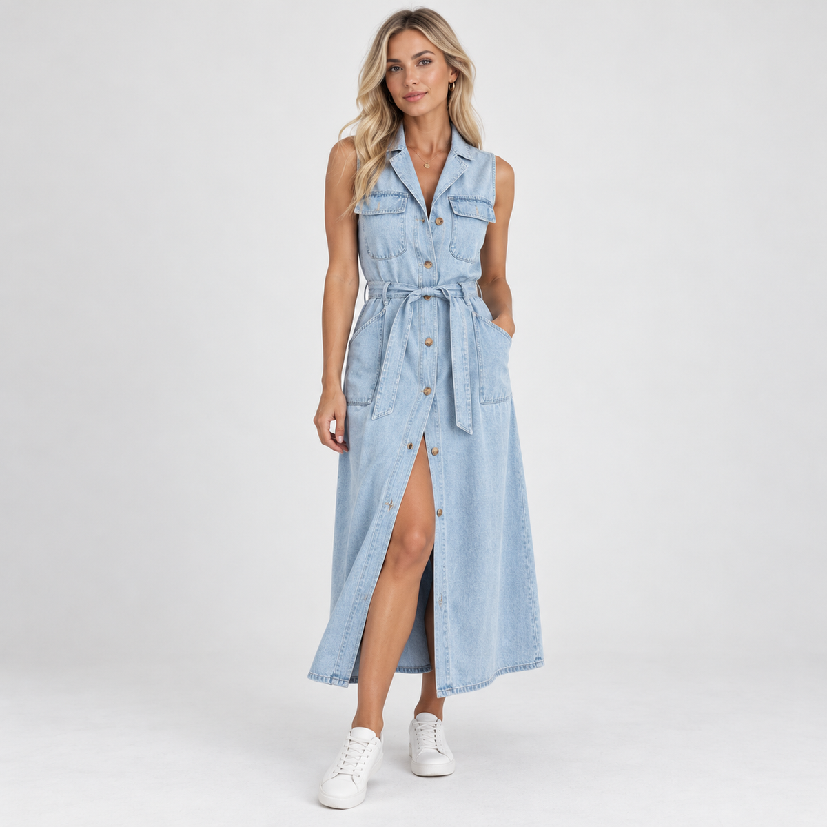 Everly Comfort Sleeveless Belted Shirt Dress — Light Blue | Emory & Blanc