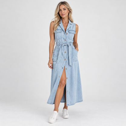 Everly Comfort Sleeveless Belted Shirt Dress — Light Blue | Emory & Blanc