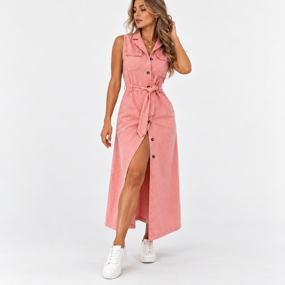 Everly Comfort Sleeveless Belted Shirt Dress — Pink | Emory & Blanc
