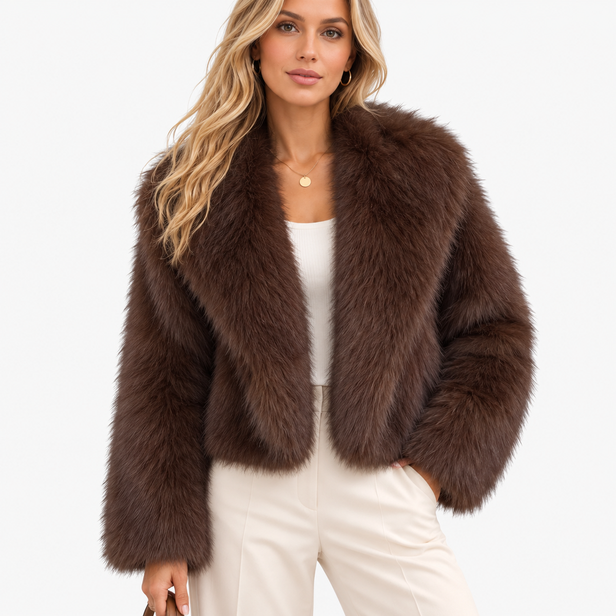 Fabienne Comfort Plush Cropped Jacket, Open Front — Dark Brown | Emory & Blanc