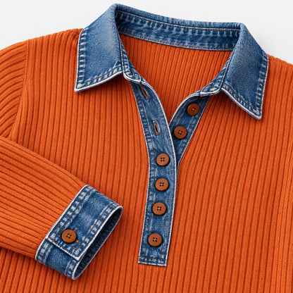 Fiona Comfort Ribbed Knit Top, Denim-Look Collar | Emory & Blanc