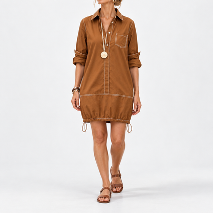 Florette Relaxed Fit Drawcord Dress — Brown | Emory & Blanc