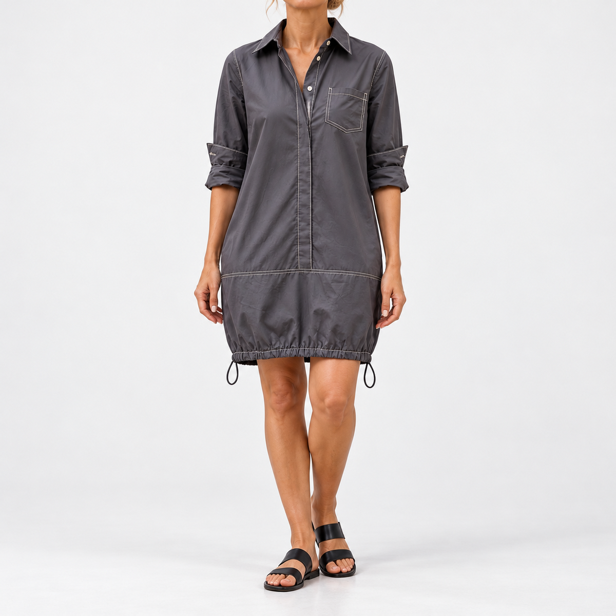 Florette Relaxed Fit Drawcord Dress — Charcoal Grey | Emory & Blanc